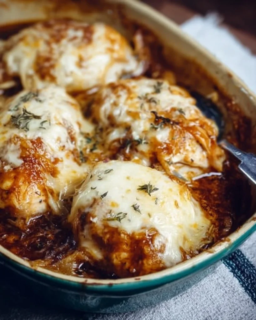 French Onion Chicken Bake topped with melted cheese and caramelized onions