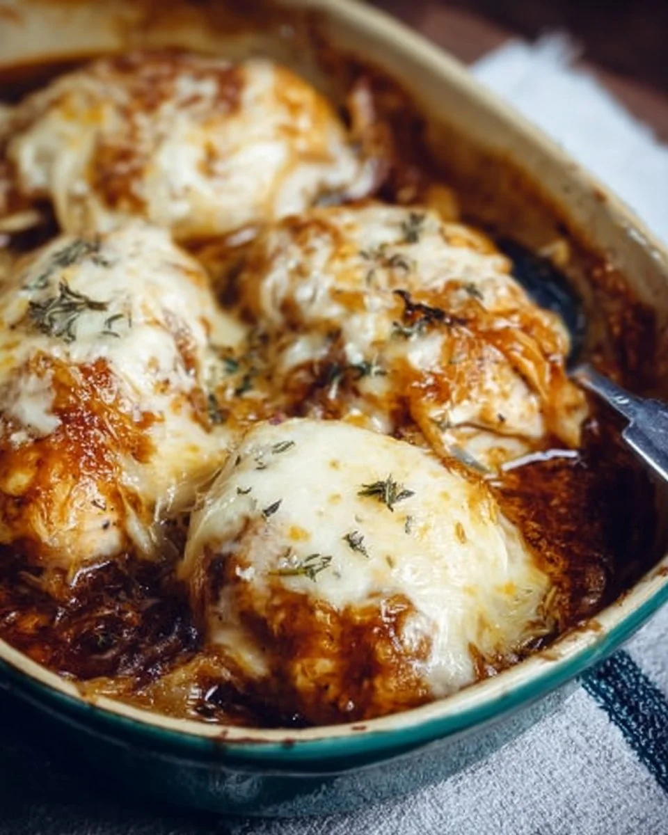 French Onion Chicken Bake topped with melted cheese and caramelized onions