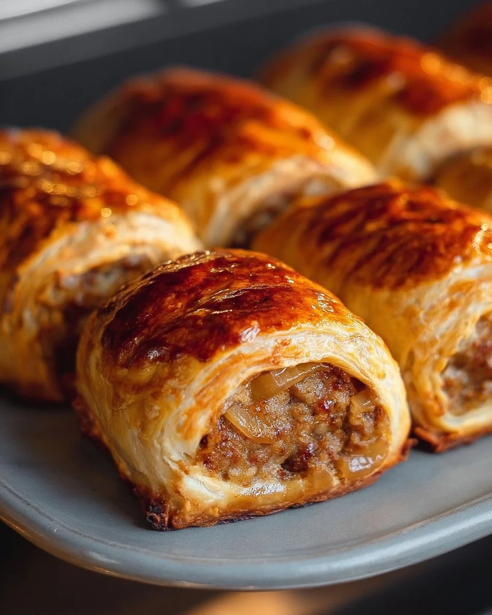 Golden-brown French onion sausage rolls on a platter