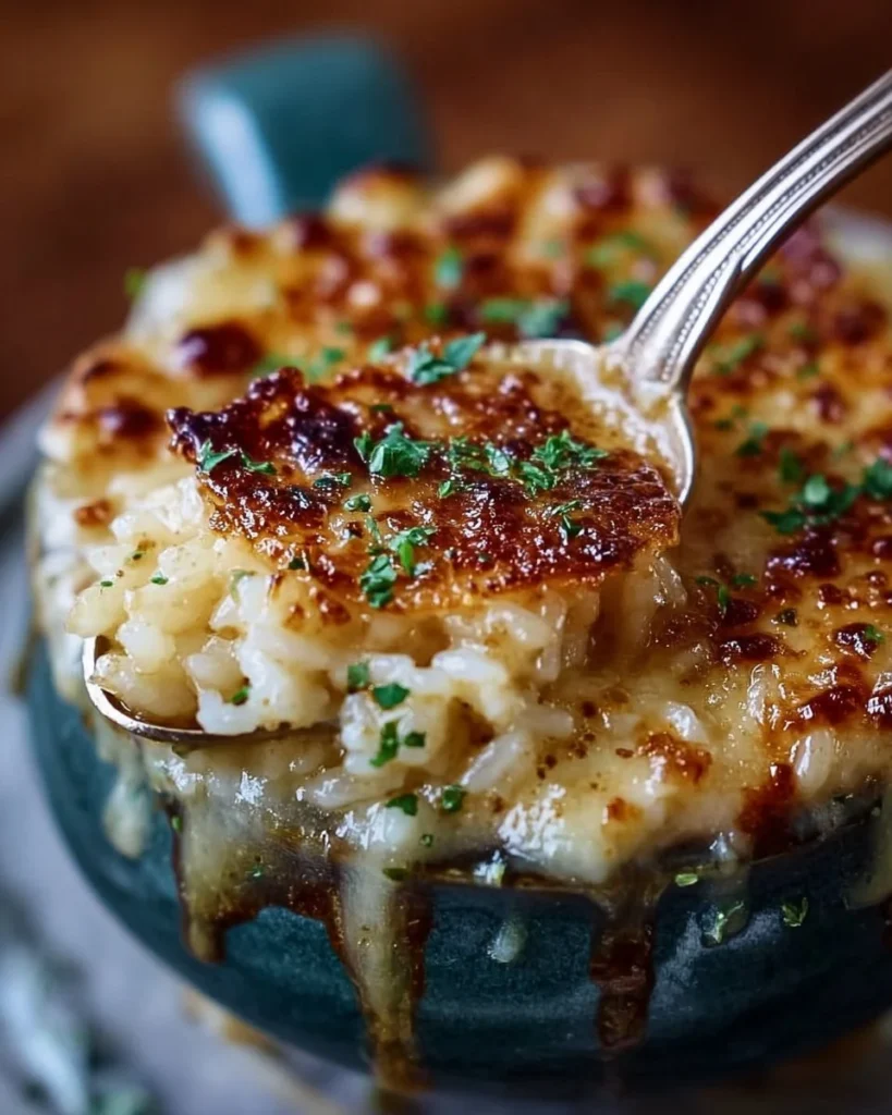 Bowl of French Onion Soup Rice topped with melted cheese and herbs.