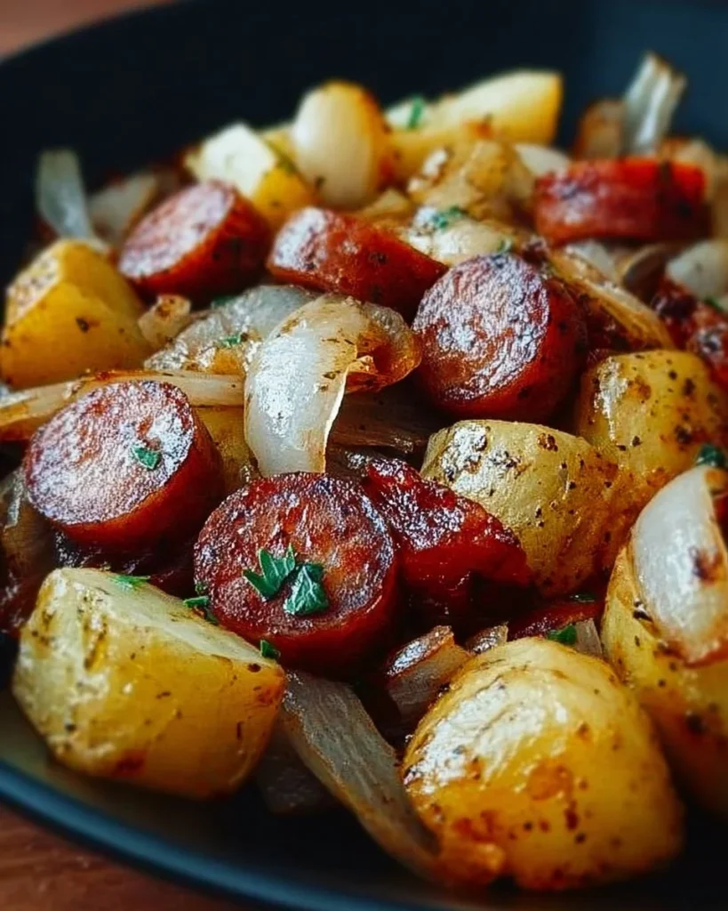 Fried potatoes, onions, and smoked Polish sausage served on a plate