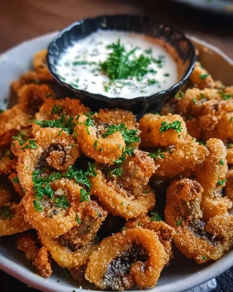 Delicious fried sliced mushrooms served with ranch dressing dip