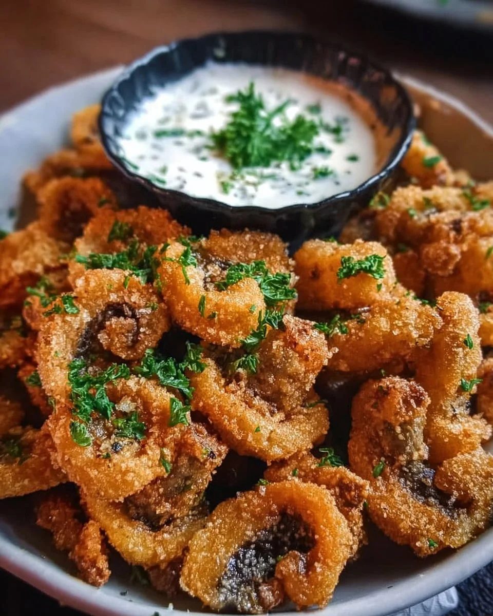 Delicious fried sliced mushrooms served with ranch dressing dip