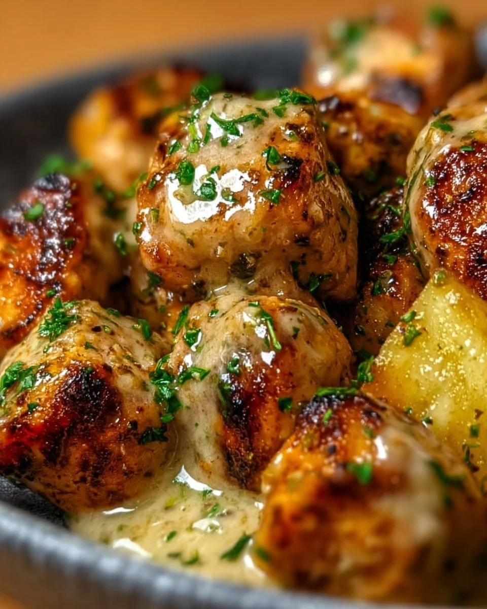Delicious Garlic Butter Chicken Bites served with herbs and spices