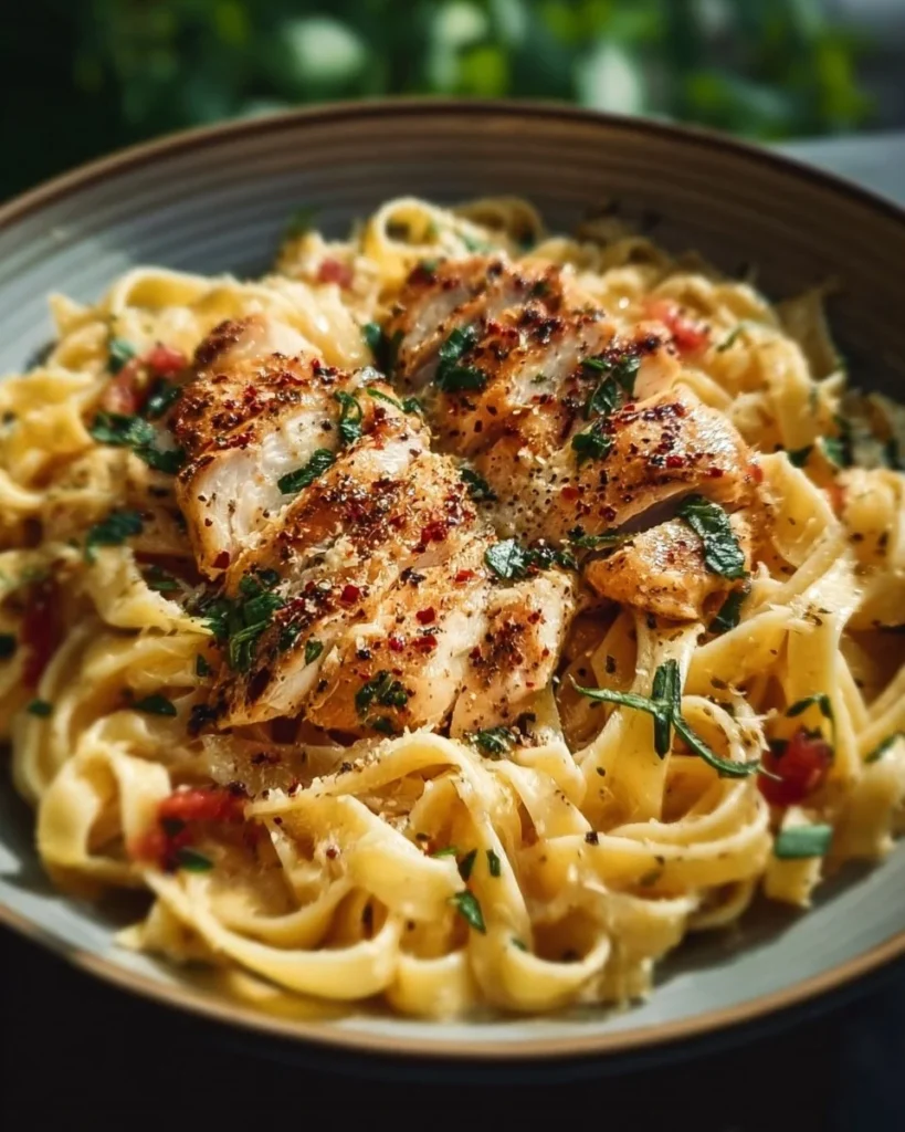Delicious Garlic Butter Chicken Pasta served in a bowl garnished with parsley.