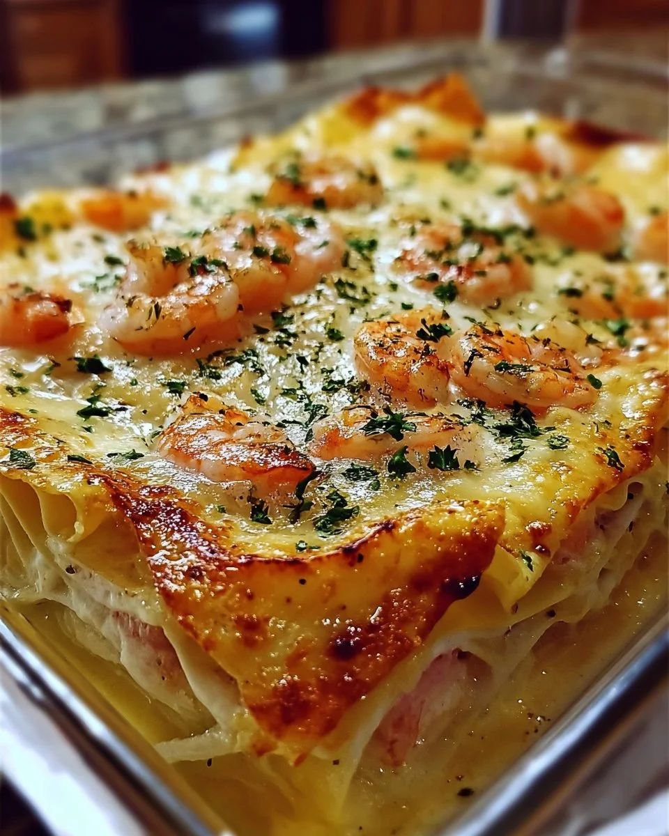 Garlic butter shrimp scampi lasagna with layers of pasta and shrimp