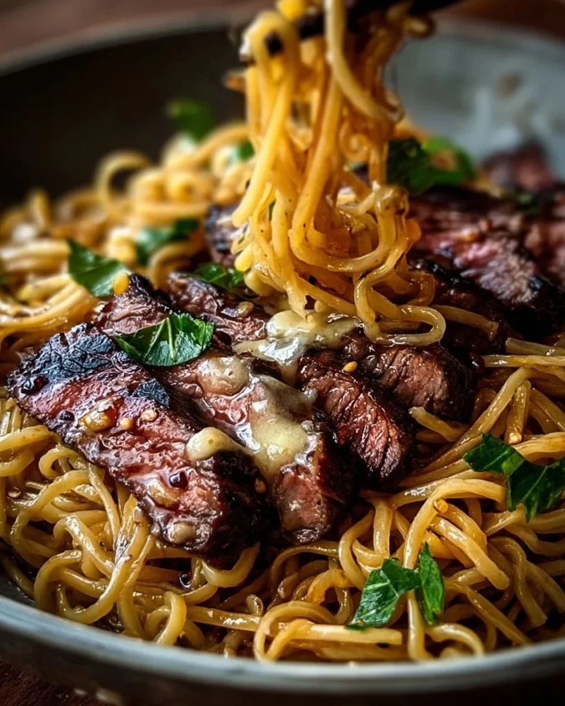 Plate of Garlic Butter Steak Lightning Noodles with herbs and spices