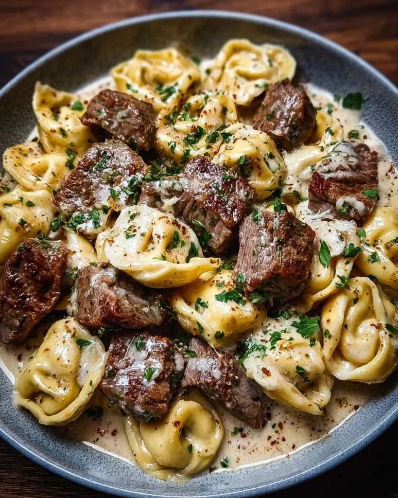 Delicious Garlic Steak Tortellini with tender steak and garlic sauce