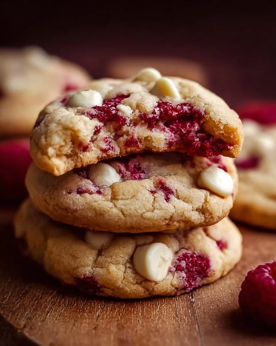 Gooey Raspberry White Chocolate Cookies on a plate with fresh raspberries.