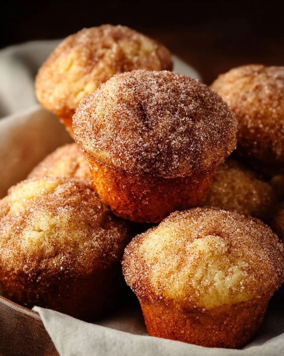 Fluffy cinnamon sugar donut muffins served on a plate, dusted with cinnamon sugar.