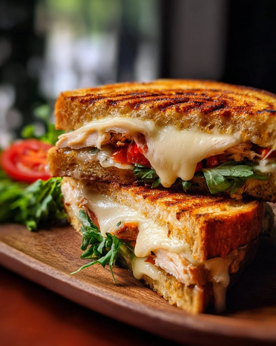 Grilled Chicken Three-Cheese Sandwich with melted cheese and fresh toppings