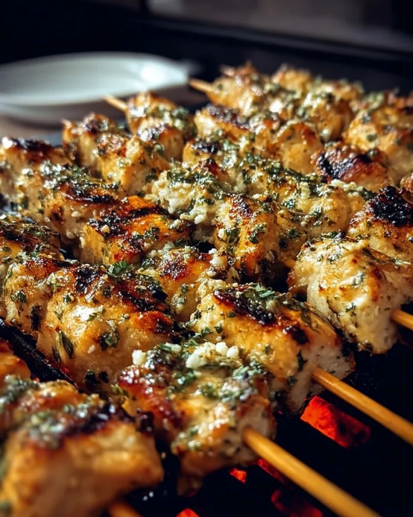 Grilled ranch garlic parmesan chicken skewers ready to serve