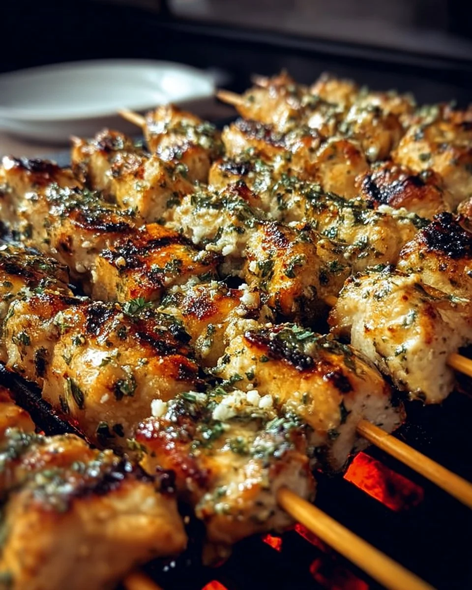 Grilled ranch garlic parmesan chicken skewers ready to serve