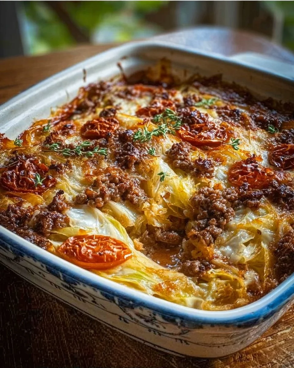 Healthy cabbage beef bake with vegetables and spices in a baking dish