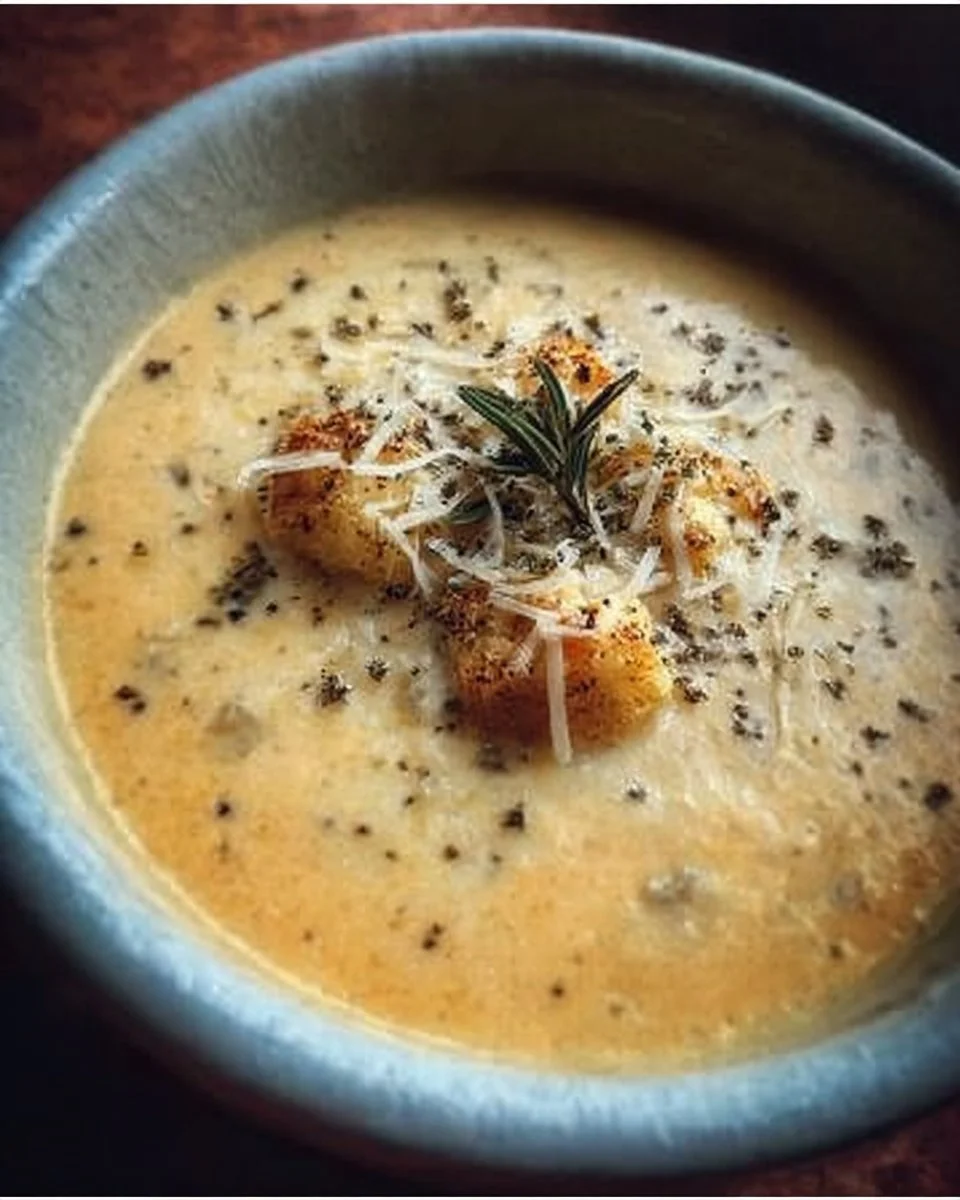 Bowl of healthy cheddar cauliflower and roasted garlic soup garnished with herbs
