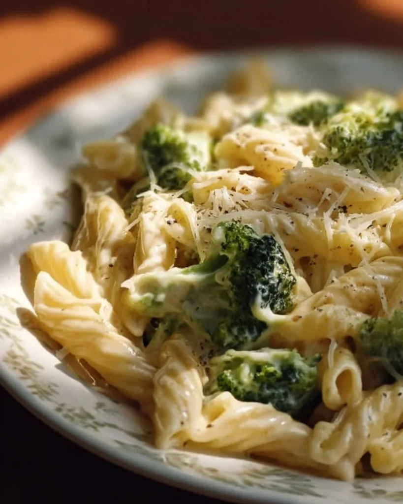 Plate of healthy cheese broccoli pasta with fresh ingredients