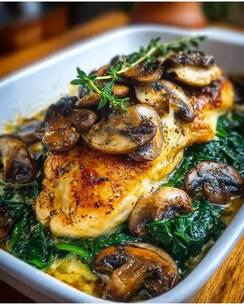 Healthy chicken spinach mushroom low-carb oven dish recipe