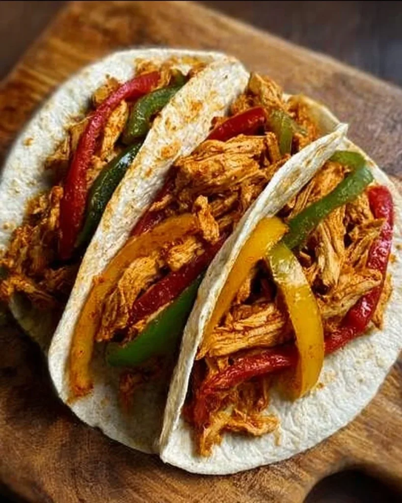 Healthy Crockpot chicken fajitas served with fresh vegetables and tortillas