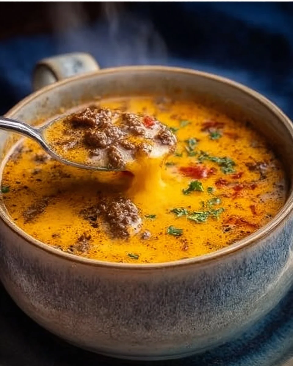 Bowl of healthy Keto Cheeseburger Soup with cheese and herbs