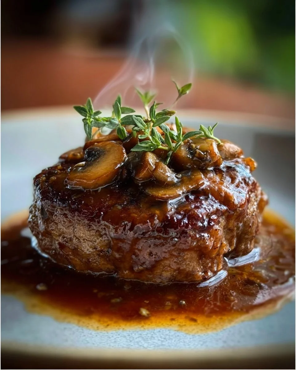 Healthy smothered hamburger steak served with vegetables on a plate.