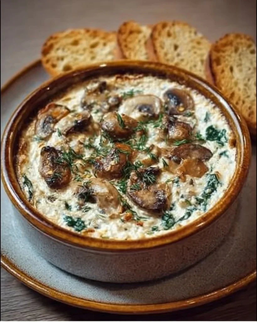 Healthy stuffed mushroom dip served in a rustic bowl with fresh herbs.