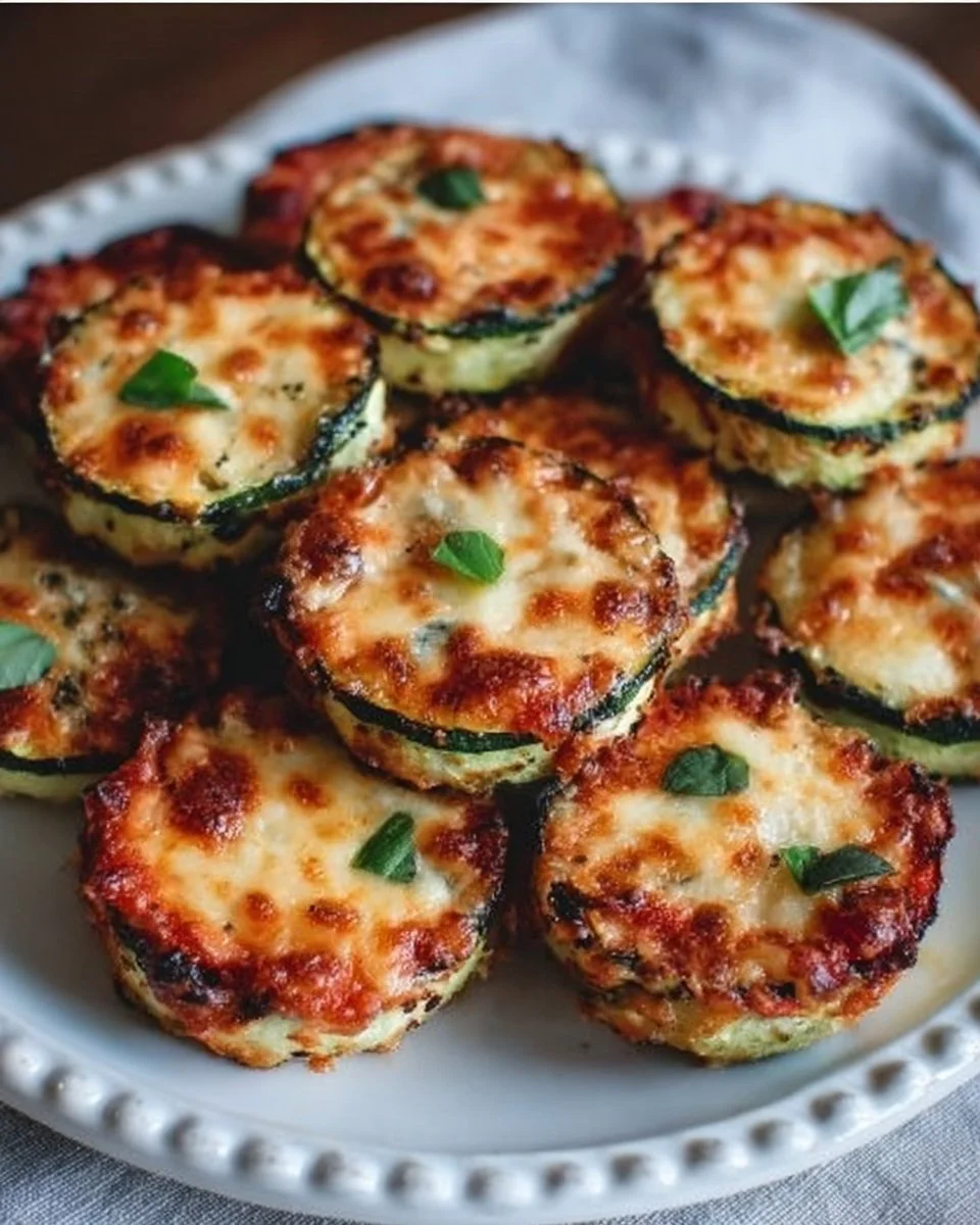 Healthy zucchini pizza bites topped with cheese and fresh vegetables