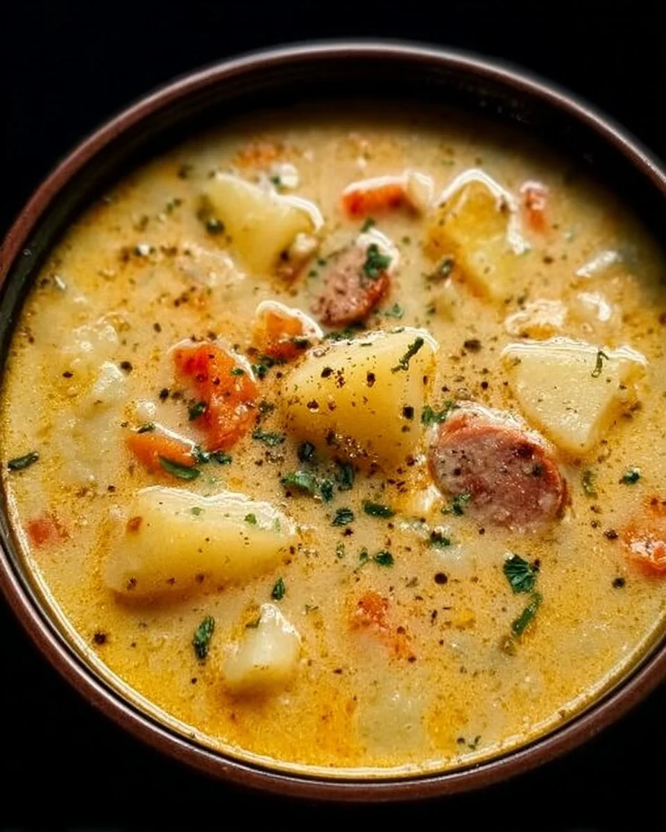 Bowl of hearty Cajun potato soup garnished with green onions and spices
