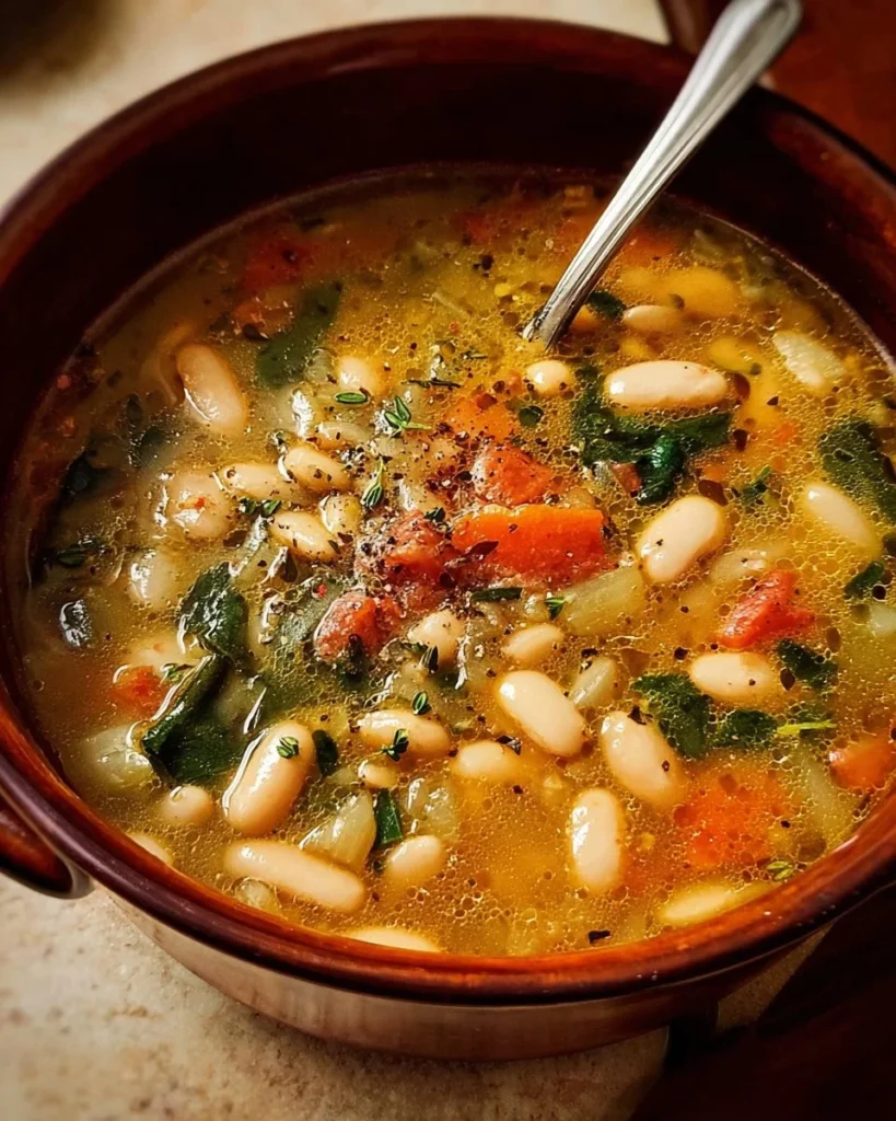 Bowl of hearty Tuscan white bean soup with herbs and vegetables