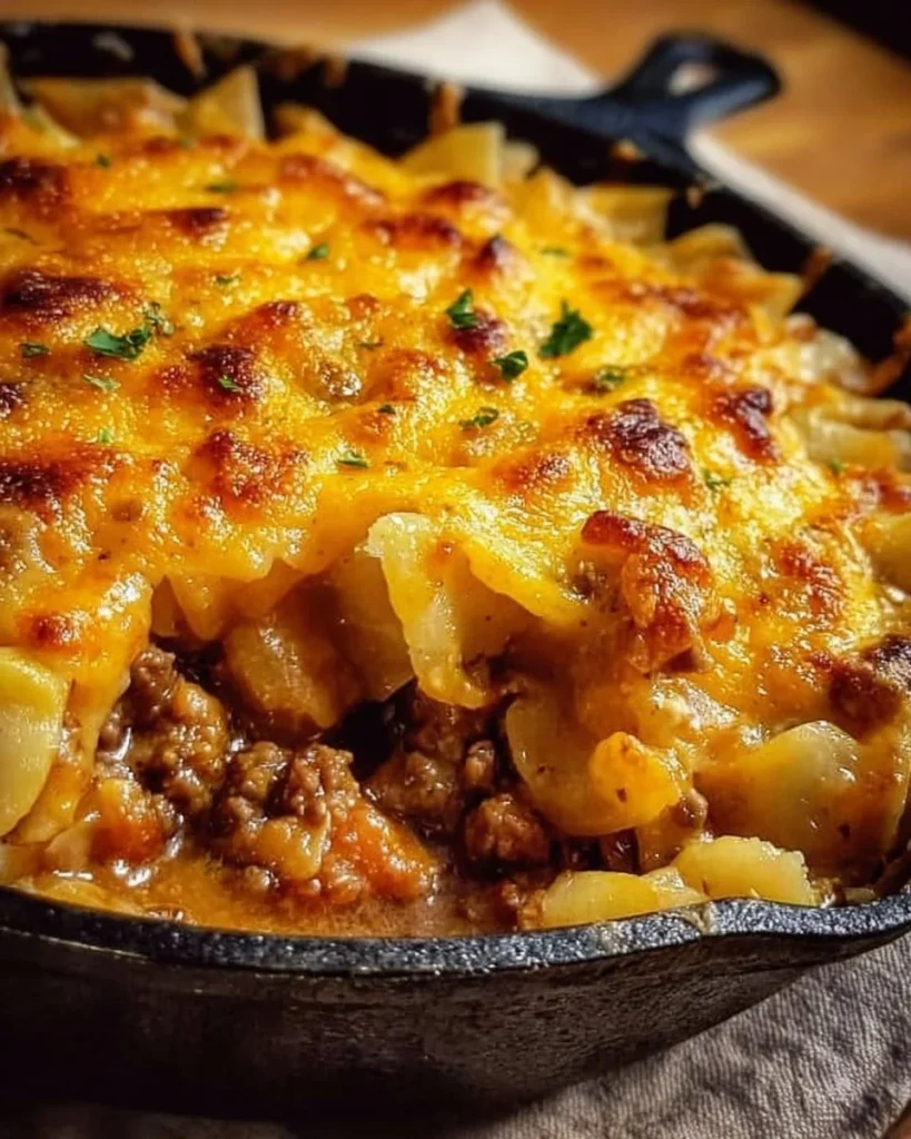 Delicious Hobo Casserole served in a baking dish with vegetables and meat.