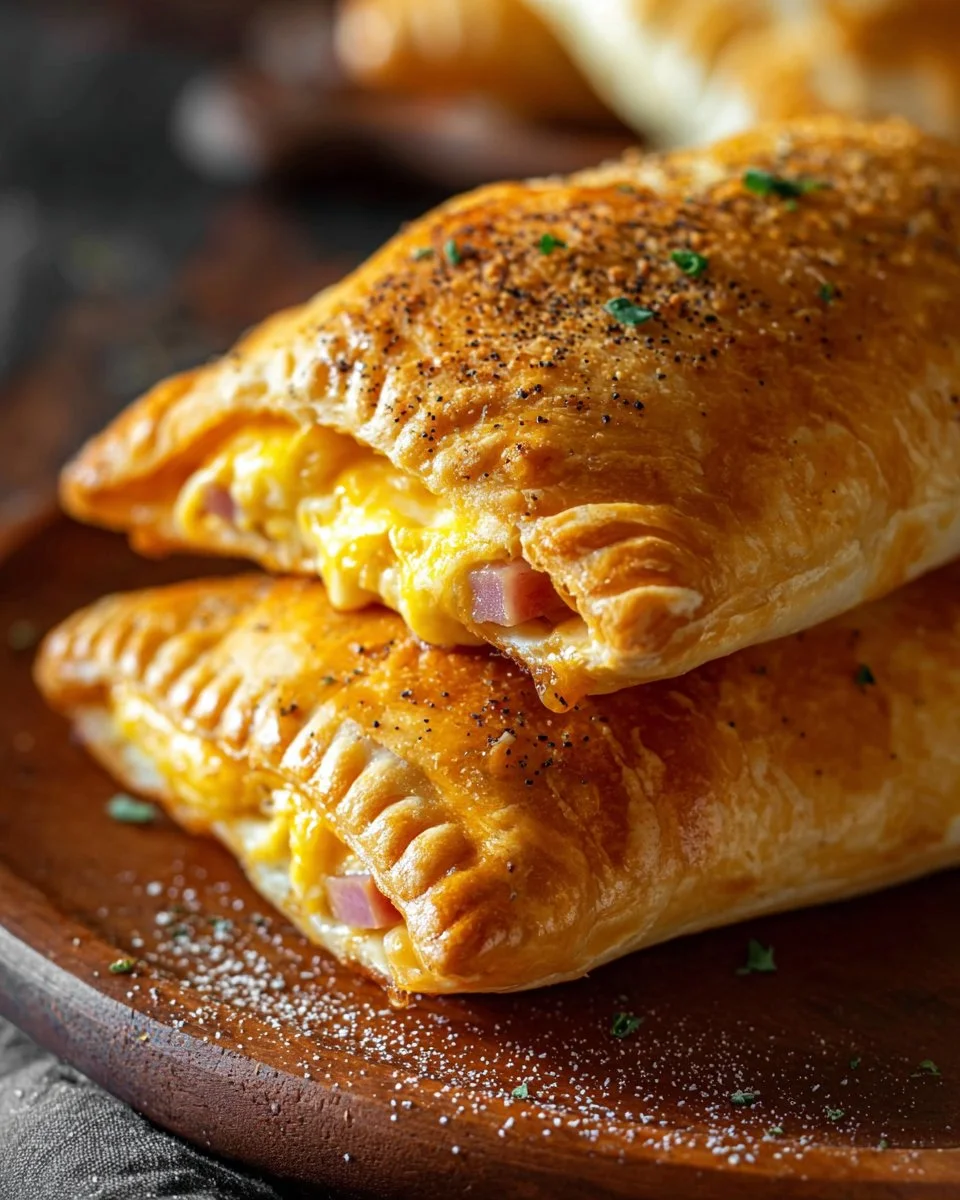 Homemade breakfast hot pockets filled with eggs, cheese, and veggies on a plate.