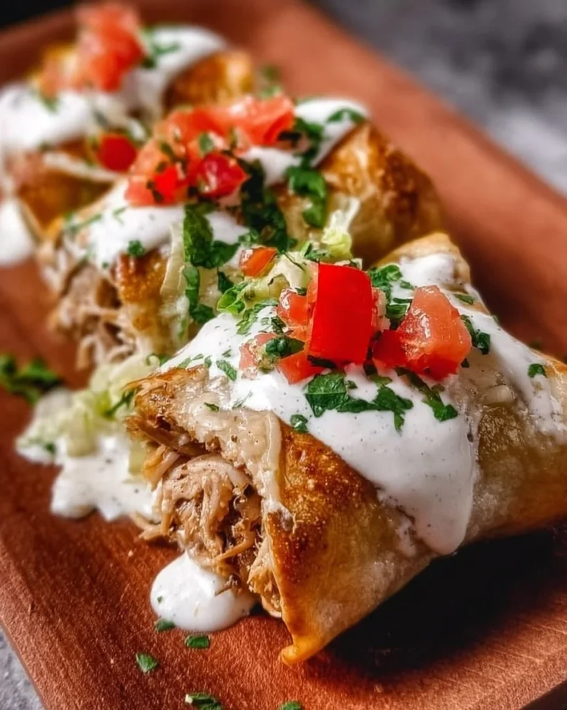 Delicious homemade chicken chimichangas topped with sour cream sauce
