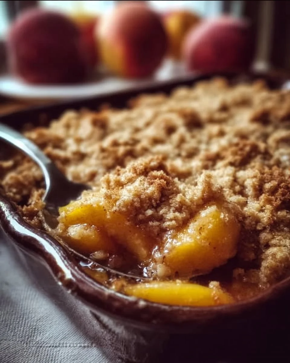 Delicious homemade fresh peach crisp topped with a golden oat cble