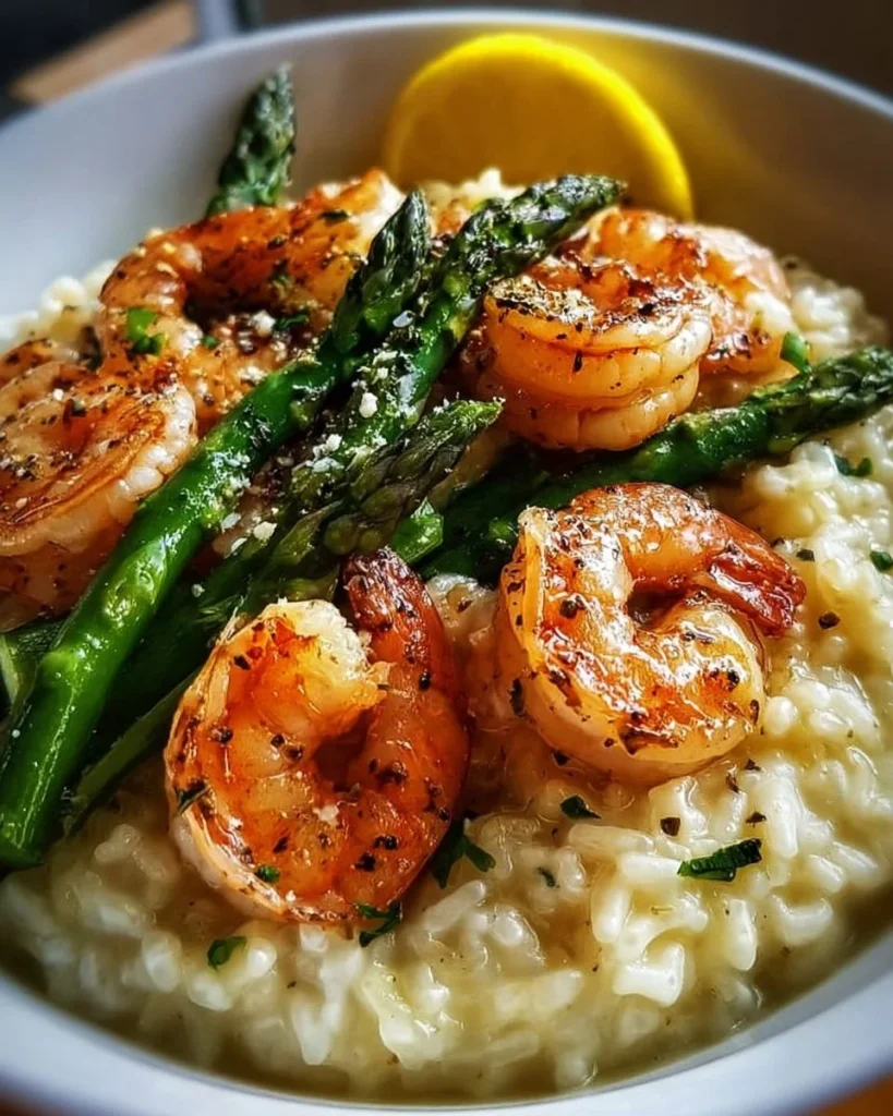 Plate of Homemade Lemon Butter Shrimp with creamy Asparagus Risotto