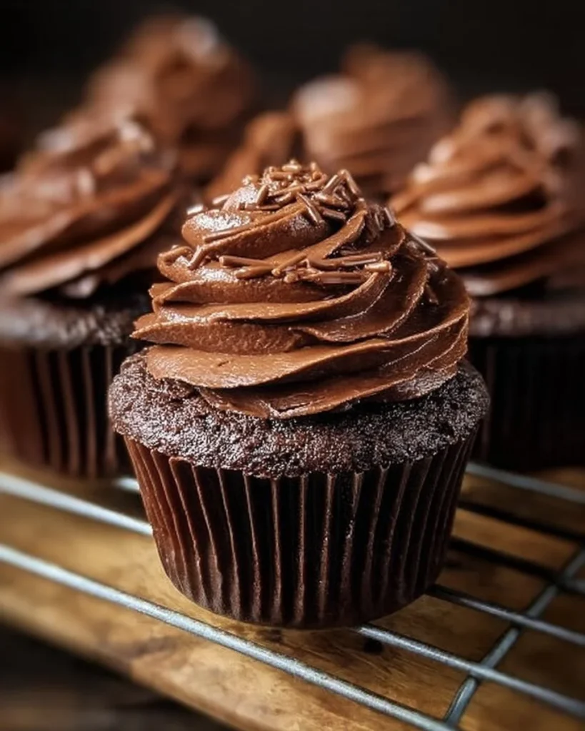 Homemade moist chocolate cupcakes on a decorative plate