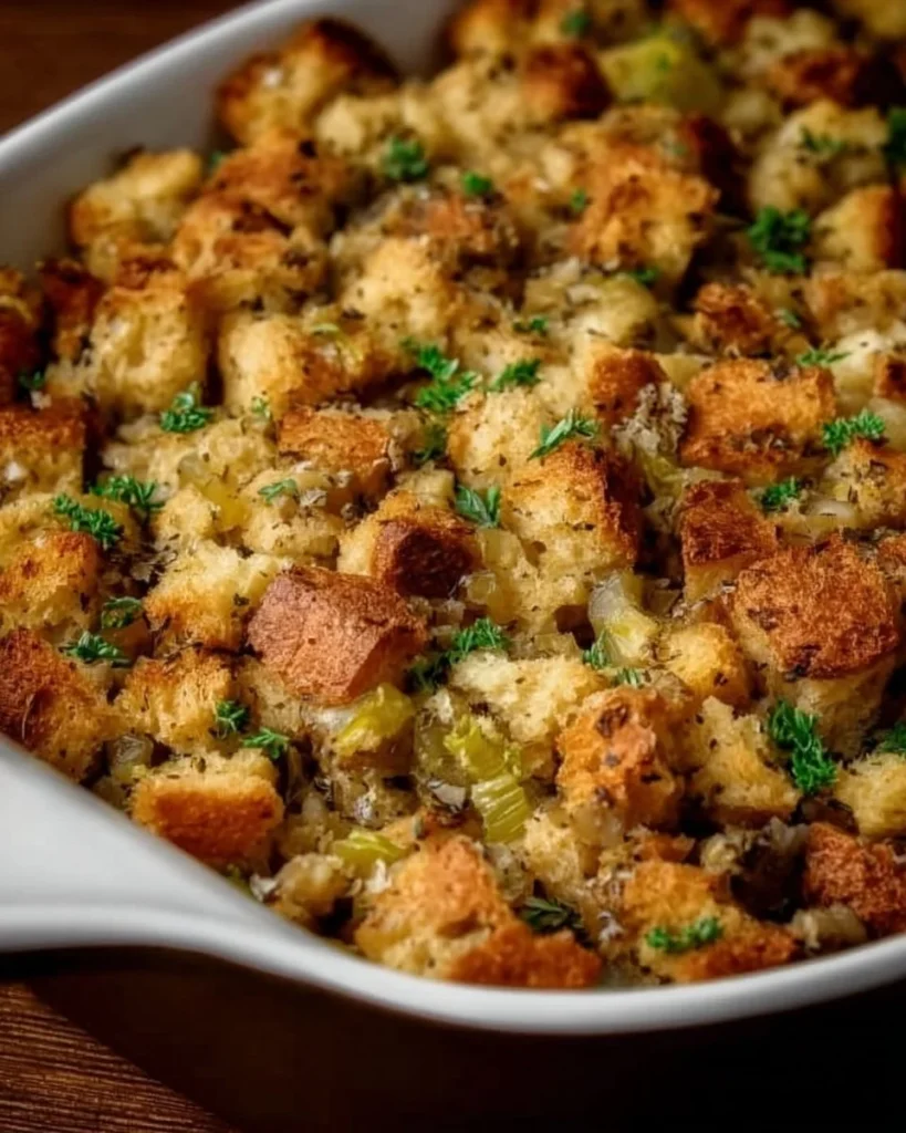 Homemade stuffing recipe served in a bowl, perfect for Thanksgiving dinner.