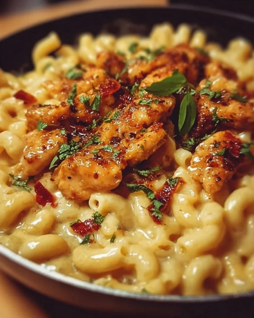 Honey Pepper Chicken served with creamy mac and cheese dish