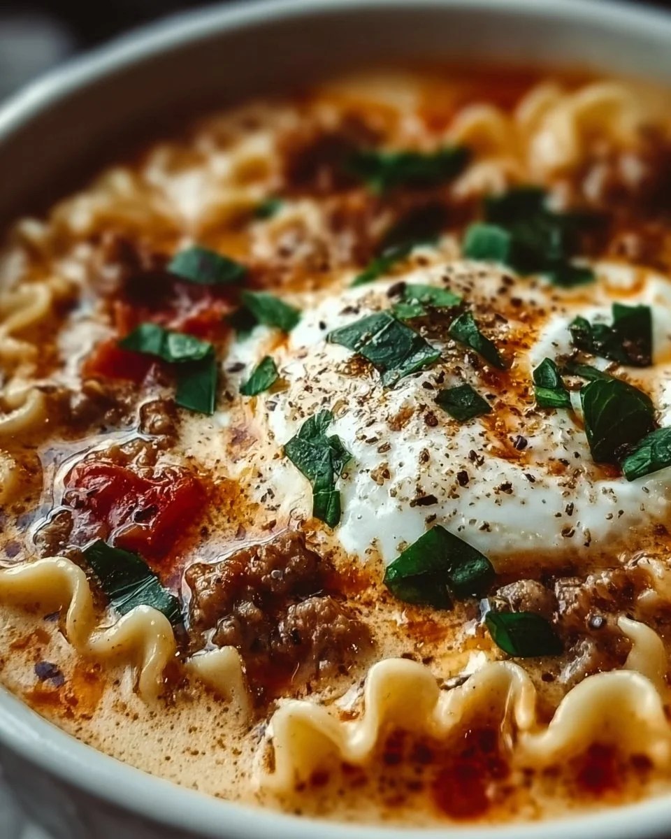 Delicious bowl of Alfredo Lasagna Soup topped with cheese and herbs