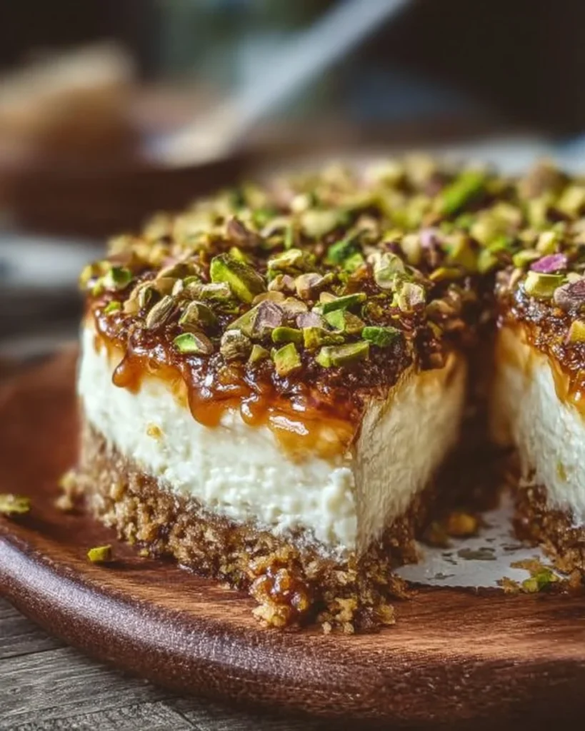 Delicious baklava cheesecake with honey and pistachio layers