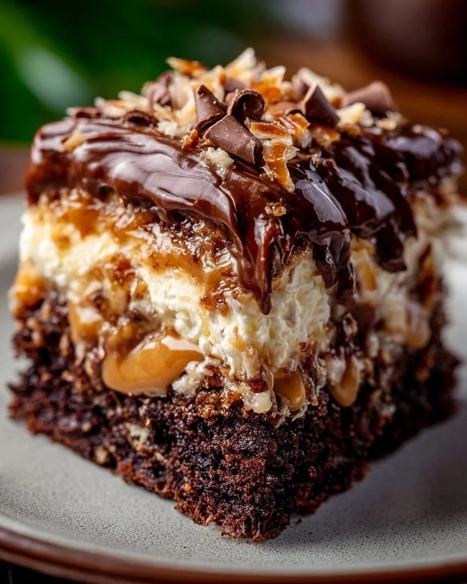 Delicious German Chocolate Poke Cake topped with coconut and pecan frosting