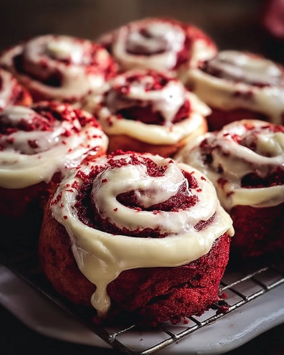 Freshly baked red velvet cinnamon rolls topped with cream cheese icing.