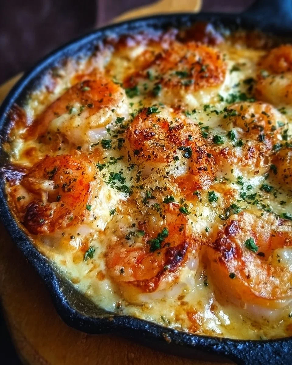 Delicious shrimp gratin topped with cheesy crust, ready to serve and enjoy.