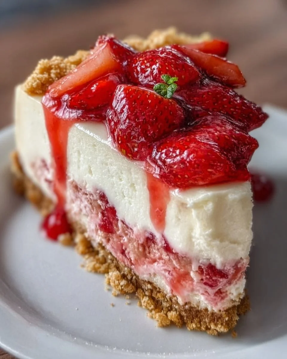 Irresistible strawberry crunch cheesecake topped with crumbled strawberries and graham cracker crust