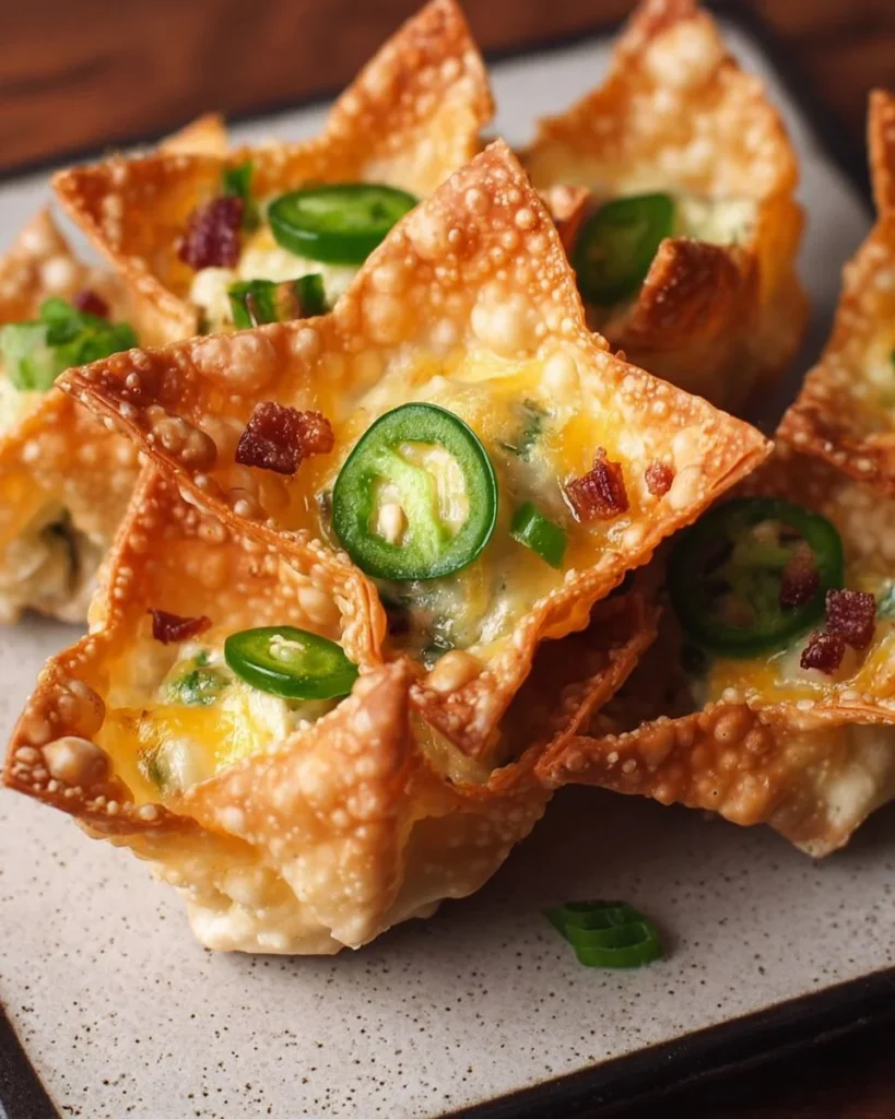 Crispy jalapeno popper wontons filled with cheese and jalapenos, served as appetizers.