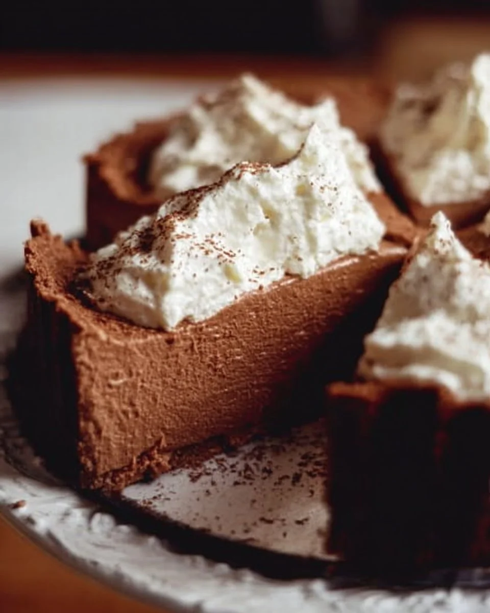 Delicious Keto French Silk Pie topped with whipped cream and chocolate shavings