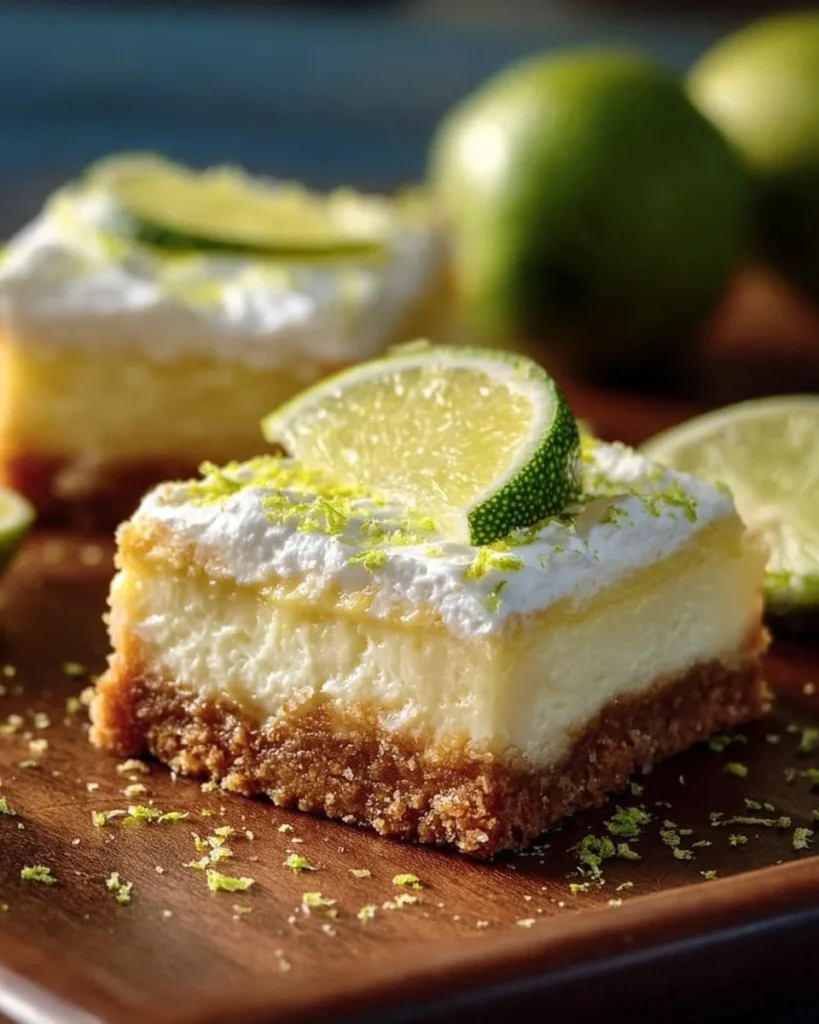 Delicious Key Lime Pie Bars garnished with lime slices on a plate