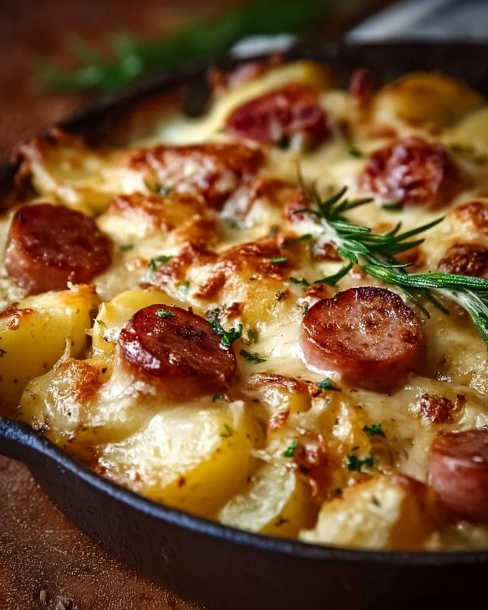 Cheesy potato casserole topped with kielbasa and melted cheese.