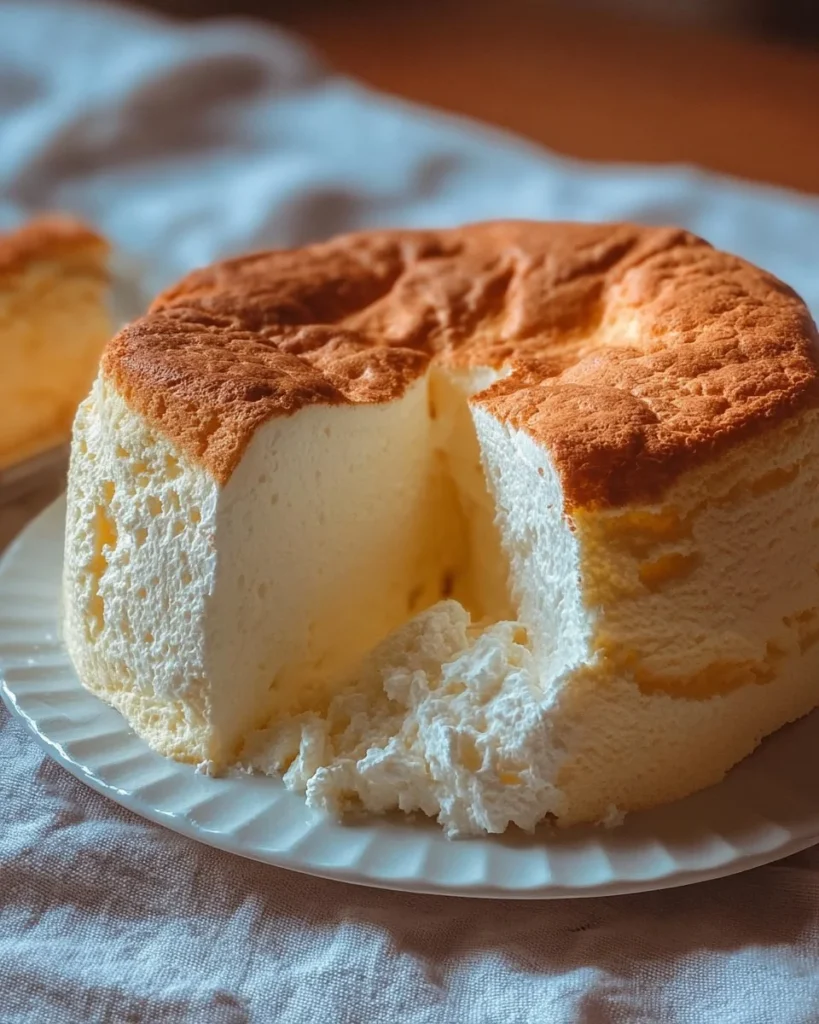 A slice of light and fluffy Yogurt Cloud Cake on a plate with fresh berries.