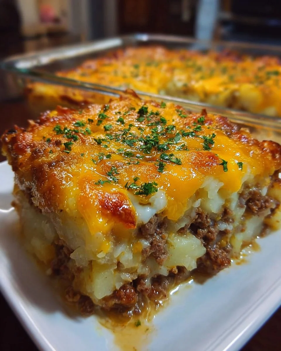 Loaded Potato Meatloaf Casserole with cheese and toppings in a baking dish