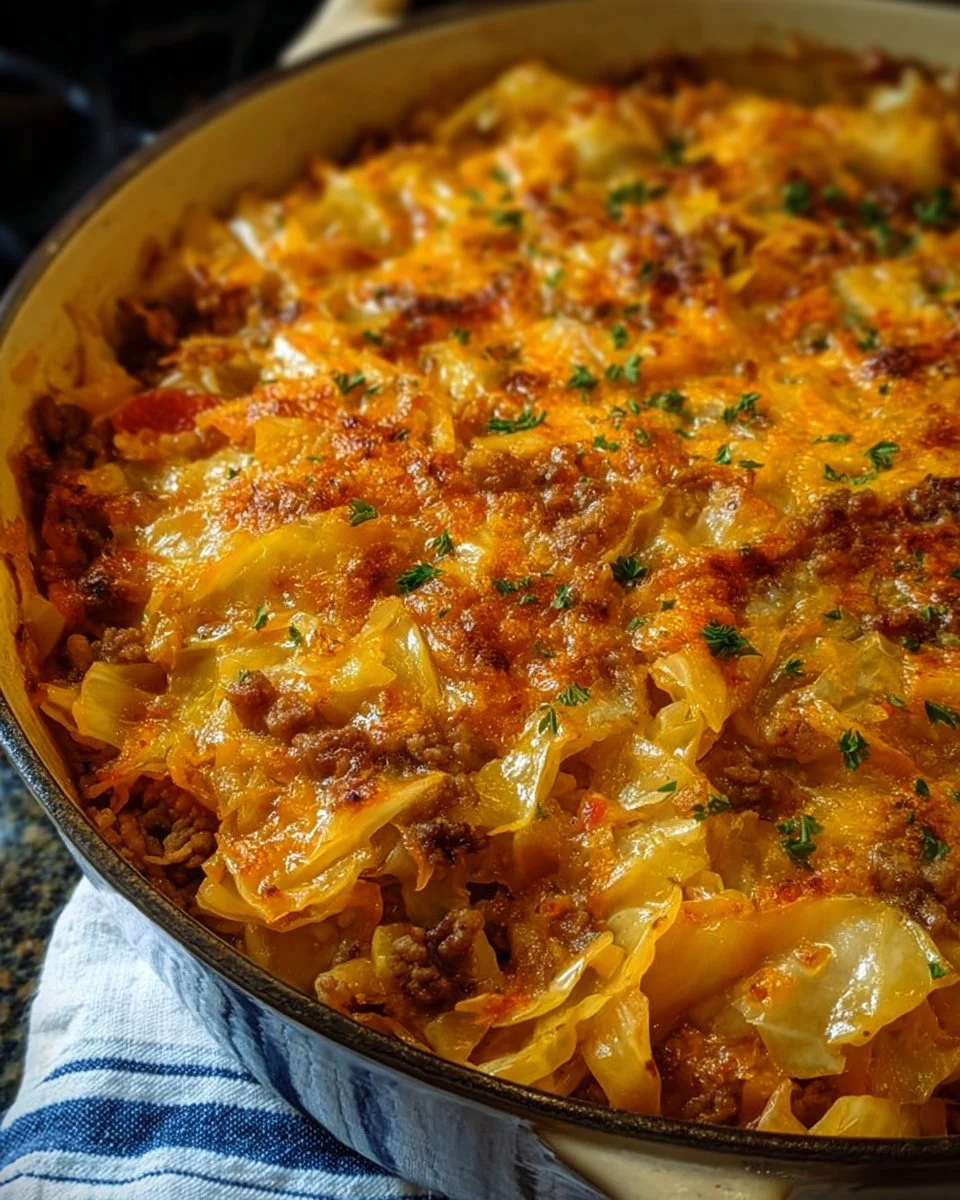 Low Carb Cheesy Cabbage Casserole topped with melted cheese and herbs