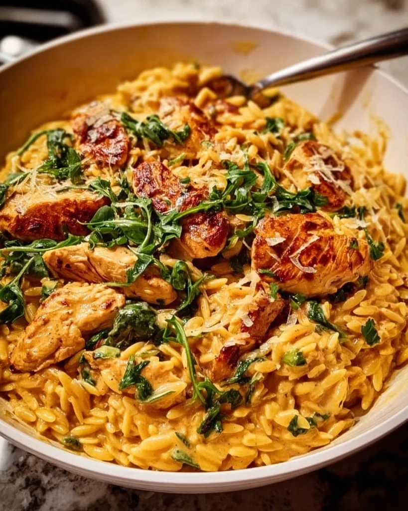 Delicious Marry Me Chicken Orzo served on a plate garnished with herbs